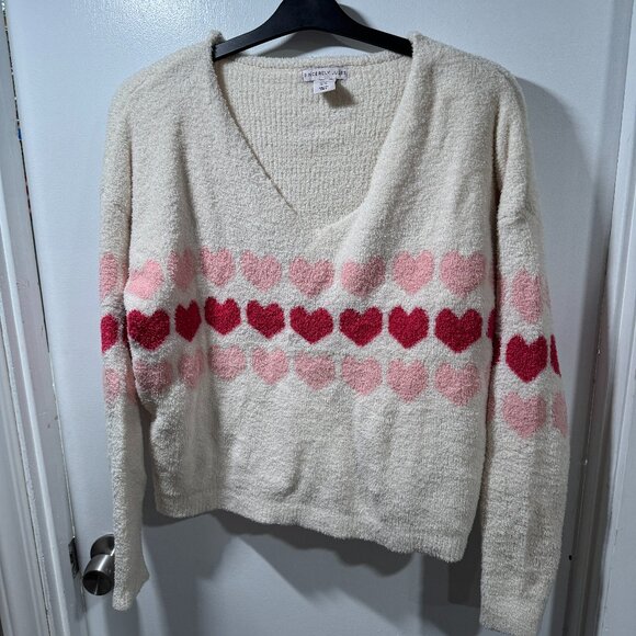 Cozy Cream Sweater with Pink and Red Hearts - Picture 1 of 3
